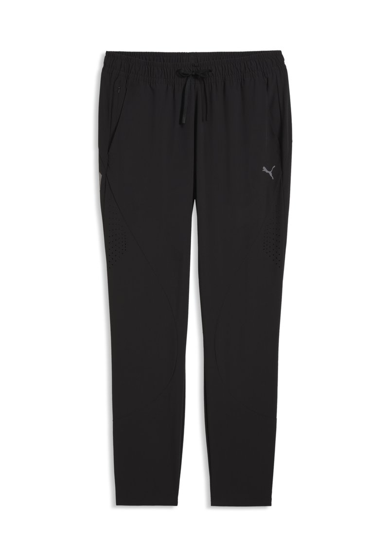 Μαύρα αθλητικά παντελόνια jogging με ελαστική μέση, κορδόνι, πλαϊνές τσέπες εκ των οποίων η μία έχει φερμουάρ, και το λογότυπο της Puma στο δεξί μηρό.