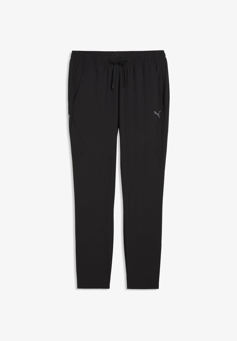 Μαύρα αθλητικά παντελόνια jogging με ελαστική μέση, κορδόνι, πλαϊνές τσέπες εκ των οποίων η μία έχει φερμουάρ, και το λογότυπο της Puma στο δεξί μηρό.