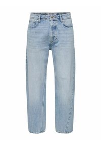 Ljusblå denimjeans med avslappnad passform, som har fem fickor, dragkedja i gylfen och en vävd etikett vid midjan.
