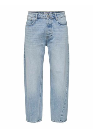 Helles blaues Denim-Jeans mit entspannter Passform, ausgestattet mit fünf Taschen, einem Reißverschluss und einem gewebten Etikett am Bund.