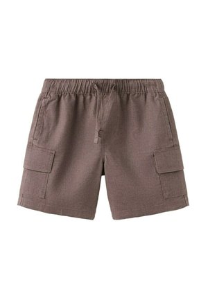 Hnedé ležérne krátke nohavice s elastickým pásom, sťahovacou šnúrkou, bočnými vreckami a klopovými nákladnými vreckami na oboch nohách.