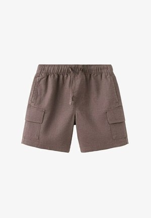 Shorts marron décontractés avec taille élastique, cordon de serrage, poches latérales et poches cargo à rabat sur les deux jambes.