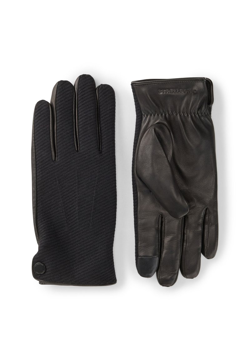 Zwarte leren handschoenen met een gestructureerde stoffen achterkant en gladde handpalmen, voorzien van een elastiek bij de pols en een klein logodetail.