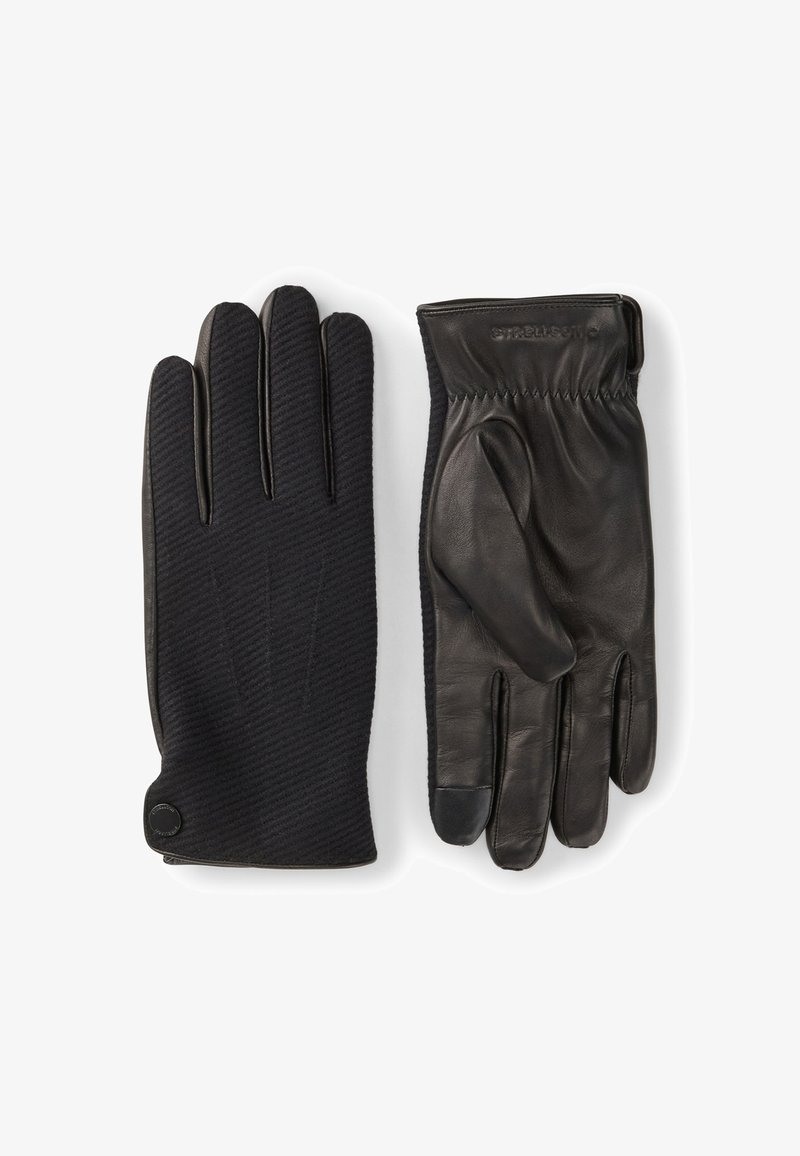 Zwarte leren handschoenen met een gestructureerde stoffen achterkant en gladde handpalmen, voorzien van een elastiek bij de pols en een klein logodetail.