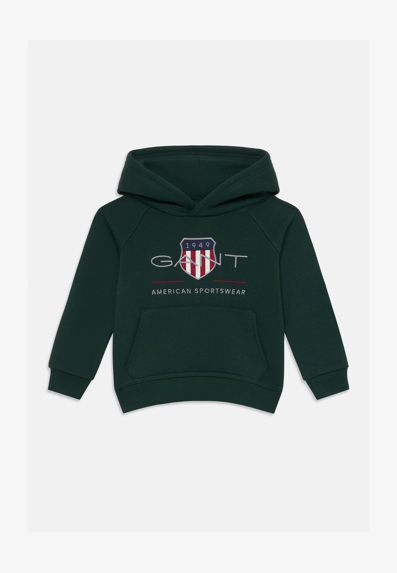 Felpa verde scuro in cotone con tasca a kangaroo. Presenta un logo ricamato con righe rosse e bianche e un dettaglio "1949".