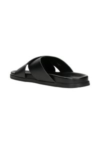 Sandales à glisser en cuir noir au design minimaliste, avec des brides croisées et une semelle plate, texture lisse et finition mate.