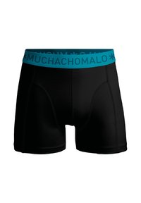 Čierne boxerky s teal elastickým pásom so textom "MUCHACHOMALO". Hladký materiál a priliehavý strih s jemným šitím.