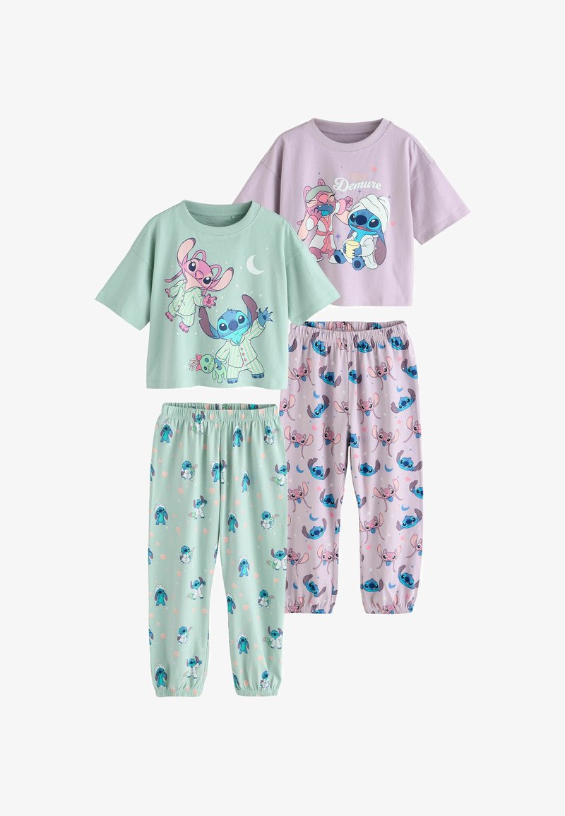 Ensemble de pyjama en quatre pièces : hauts vert et violet, couleurs pastel, imprimés de personnages de dessins animés, manches courtes, ceinture élastique sur le pantalon, tissu doux.
