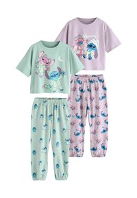 Fyra-delars pyjamasset: gröna och lila toppar, pastellfärger, tryck med spelfigurer, korta ärmar, elastisk midja på byxorna, mjukt tyg.