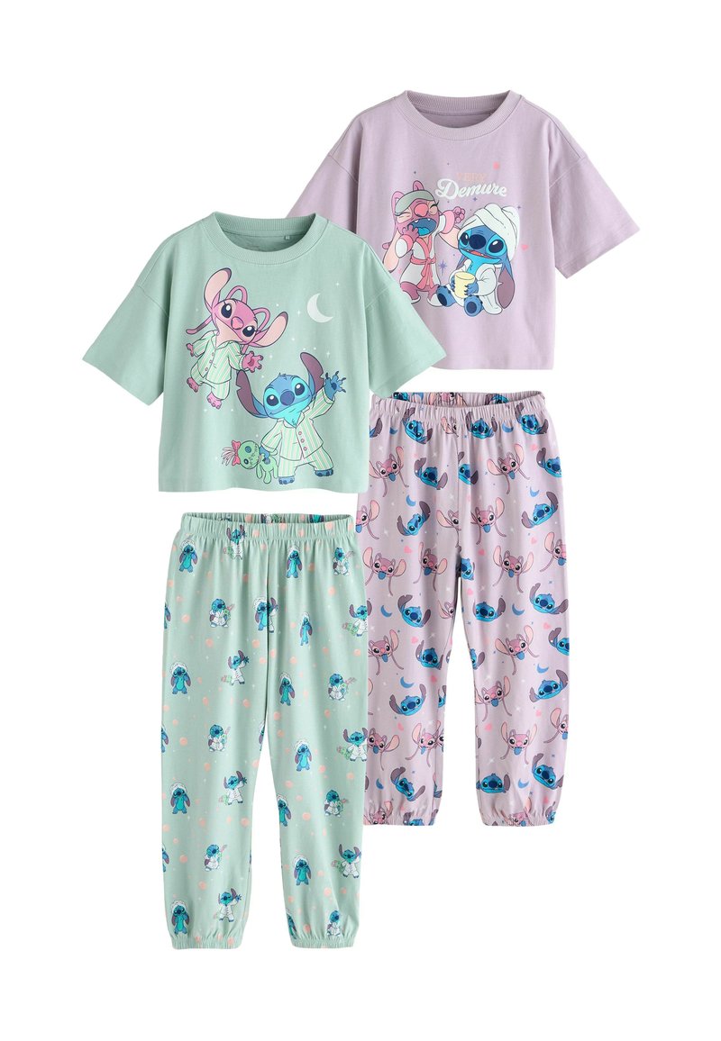 Fyra-delars pyjamasset: gröna och lila toppar, pastellfärger, tryck med spelfigurer, korta ärmar, elastisk midja på byxorna, mjukt tyg.