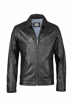 Veste bomber en cuir noir avec fermeture éclair à l'avant, poches latérales boutonnées et doublure intérieure bleu clair visible au col.