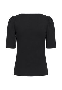 Black short-sleeve top with a ribbed texture, wide square neckline, and puffed sleeves. The design is simple and form-fitting.