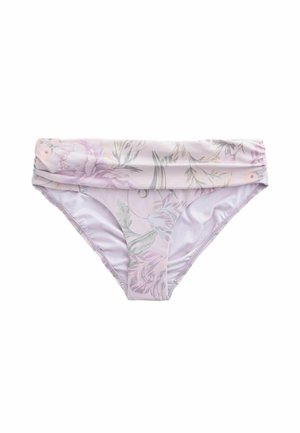 Bikini kalhotky s květinovým vzorem v jasně levandulové barvě, s přehnutým pasem a hladkým, elastickým materiálem. Jsou na nich viditelné akcenty zelených listů.