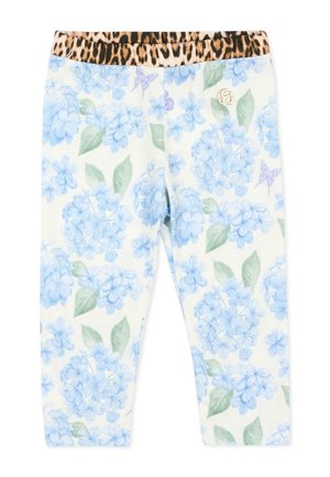 Witte legging met blauwe hortensia bloemenprint, groene bladeren, paarse vlinders en een elastische tailleband met luipaardprint.