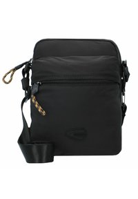 Black fabric crossbody bag with a zippered pocket. Features a flat shape, a textured strap, and a decorative cord loop. Emblem on front.