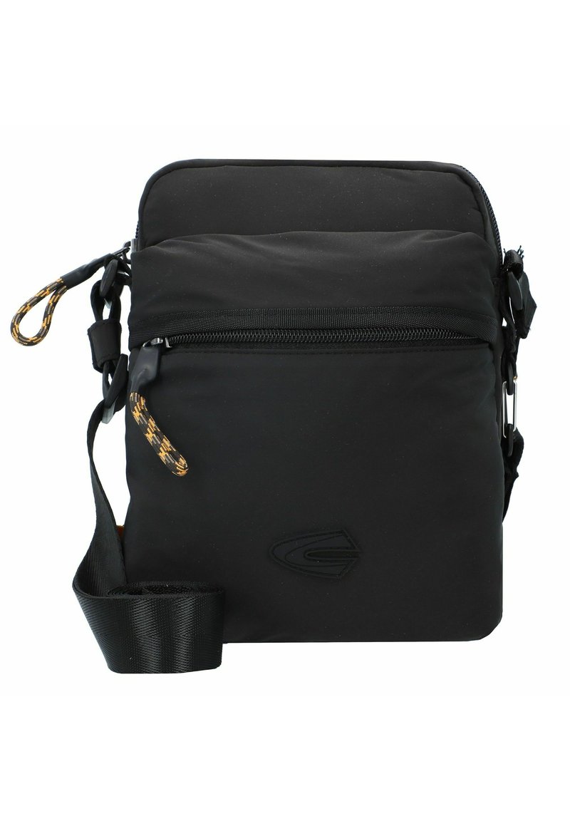 Black fabric crossbody bag with a zippered pocket. Features a flat shape, a textured strap, and a decorative cord loop. Emblem on front.