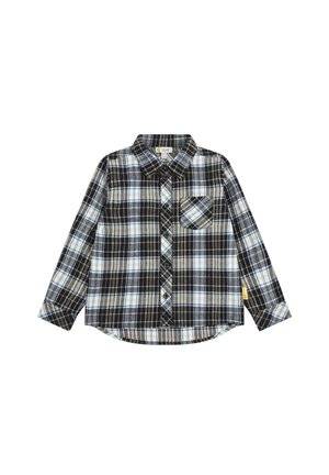 Czarna, biała i niebieska koszula w kratę na całej długości rękawów, zapinana na guziki, z kołnierzykiem i kieszenią na piersi, przeznaczona dla dzieci.