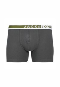 Dunkelgraue Boxer Shorts aus Baumwolle. Sie verfügen über einen grün-weißen Bund mit dem „JACK & JONES“-Logo, das einen bequemen Sitz bietet.