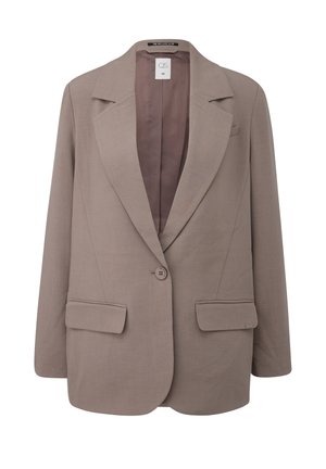 Taupekleurig enkelknopsblazer met brede revers, twee klepzakken aan de voorkant en lange mouwen, maat 36, van The QS Love Club.