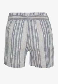 Pantaloni corti a righe blu e bianchi realizzati in un tessuto strutturato. Presentano una vita elastica e un design semplice e casual.