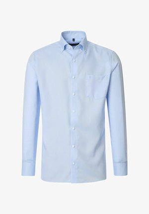 Helles blaues Langarm-Hemd mit Kragen, Brusttasche und glattem Stoff. Verfügt über weiße Knöpfe und eine taillierte Passform.