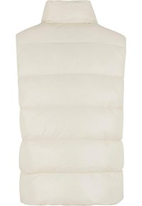 Puffer vest with a high collar, puffy structure, in a light beige color. Features stitched seams and a smooth, glossy texture.