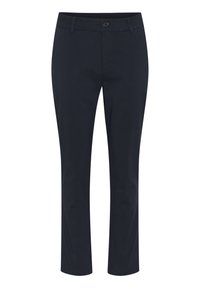 Pantalons bleu marine en tissu mélangé de coton ; coupe ajustée avec une jambe droite, fermeture à bouton et passants de ceinture. Texture lisse, sans motifs.