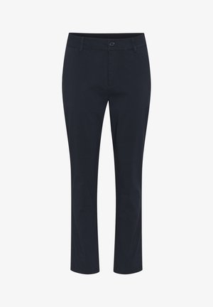 Pantalones azul marino hechos de una mezcla de algodón; corte ajustado con pierna recta, cierre de botón y presillas para cinturón. Textura suave, sin patrones.