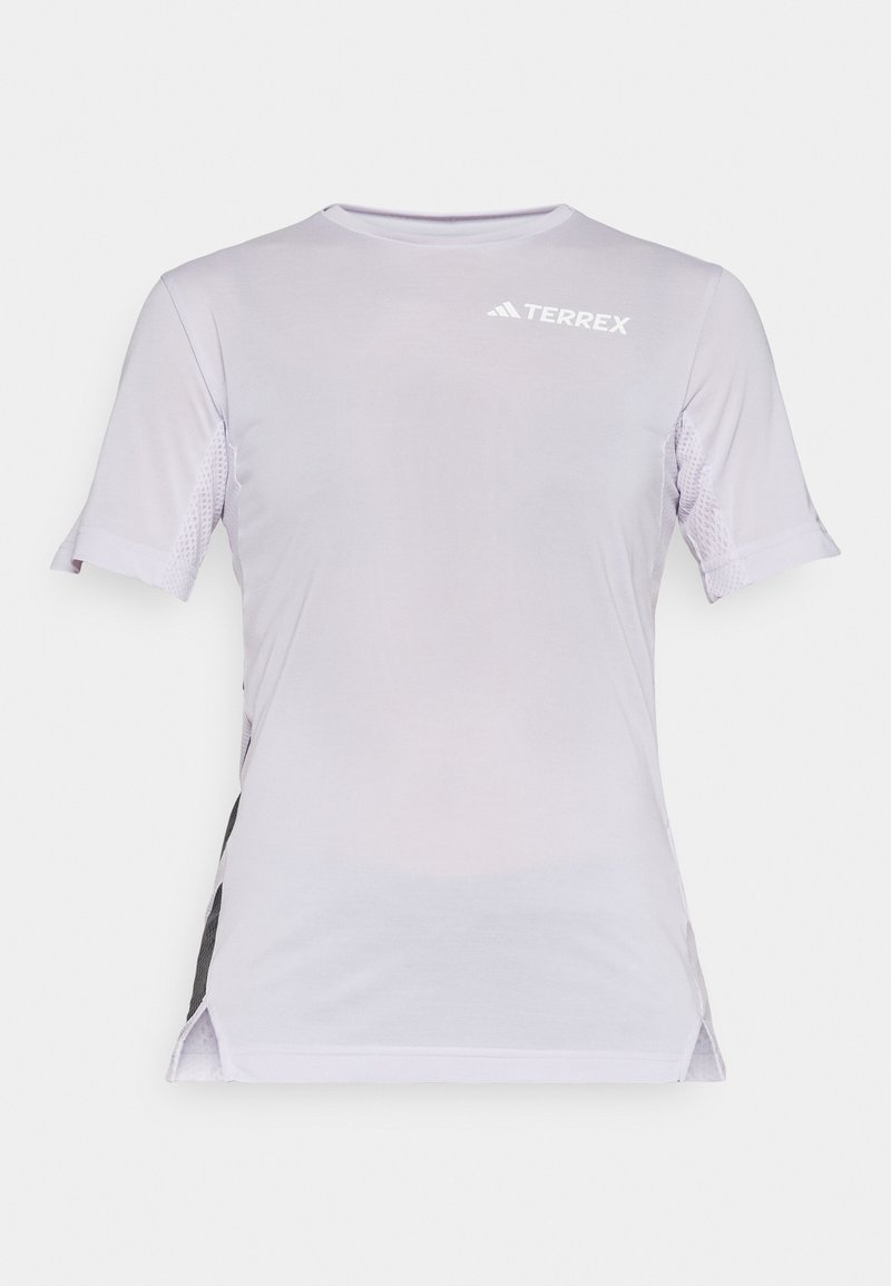 Light purple athletic short-sleeve shirt with mesh paneling on the sides, rounded neckline, and logo on the chest. Breathable material.