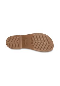 Semelle de chaussure en caoutchouc brun avec un motif de tread texturé, présentant des crêtes et des sections circulaires pour l'adhérence et la stabilité. Aucune marque visible.