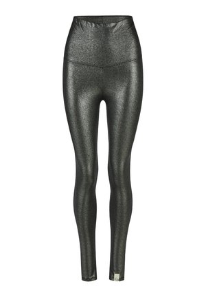 High-waisted, black sparkly leggings with a stretchy texture. Features a smooth waistband and a small metallic logo at the ankle.