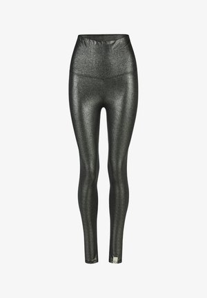 Hochgeschnittene, schwarze, glitzernde Leggings mit elastischem Material. Verfügt über einen glatten Bund und ein kleines, metallisches Logo am Knöchel.