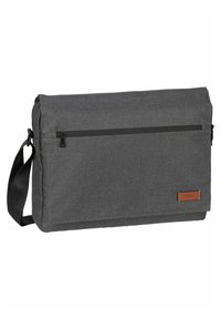 Bolsos de mensajero de color gris oscuro hechos de tela, con un bolsillo frontal con cremallera, correa para el hombro ajustable y un acento de logo de cuero.