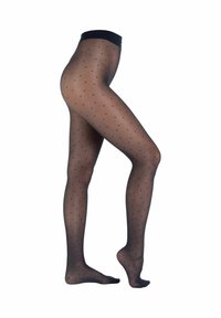 Gennemsigtige sorte strømpebukser med prikket mønster, der har en ensfarvet sort talje. Stoffet ser glat og let blankt ud.