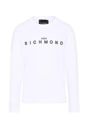 Wit shirt met lange mouwen en ronde hals, met "JOHN RICHMOND" in zwarte, met patroon bedrukte letters op de borst.