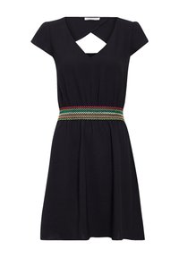 Schwarzes kurzärmeliges Kleid mit V-Ausschnitt und überkreuztem Design, das ein mehrfarbig gemustertes elastisches Band in der Taille hat.