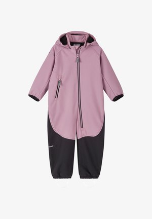 Wodoszczelny, miękki kombinezon softshell dla dzieci z kapturem, długimi rękawami, suwakami z przodu i po bokach, elastycznymi ściągaczami oraz czarnymi dolnymi nogawkami z paskami na stopy.