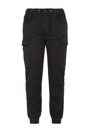 Pantalon cargo noir avec taille à cordon, poignets côtelés, poches latérales et couture détaillée sur les cuisses. Confectionné en tissu résistant.