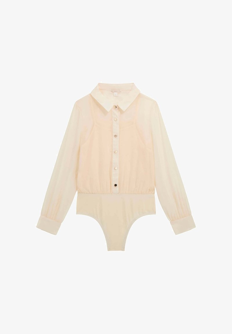 Body a maniche lunghe di un leggero beige, con chiusura a bottoni frontale, grande colletto e fondo elasticizzato; presenta una texture liscia e maniche con polsini.