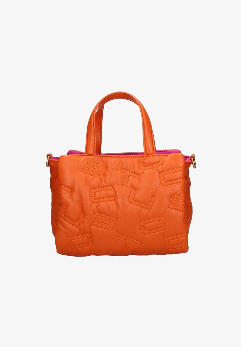 Sac à main en cuir orange avec deux poignées, motifs géométriques en relief, et doublure rose visible en haut.