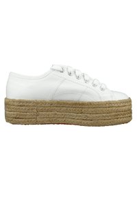 Hvide lærred platform sneakers med en flettet jute-sål. Designet har rund tå, fem snørehuller og struktureret stof.