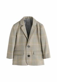 Blazer gris clair avec un motif à carreaux jaune et marron. Présente deux boutons et des poches latérales, exposé à plat sur un fond blanc.