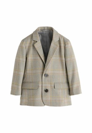 Hellgrauer Blazer mit einem karierten Muster in Gelb und Braun. Verfügt über zwei Knöpfe und seitliche Taschen, flach auf einem weißen Hintergrund präsentiert.