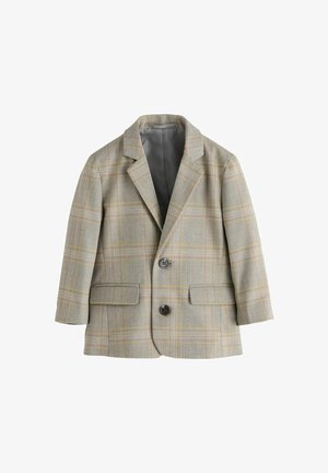 Világosszürke blézer kockás mintával, sárga és barna színekben. Két gombbal és oldalsó zsebekkel rendelkezik, fehér háttér előtt laposan bemutatva.