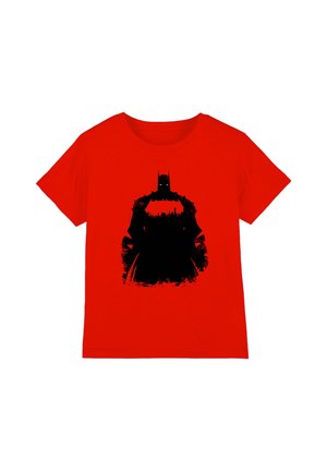 Red short-sleeve T-shirt with a large black Batman silhouette and Gotham city skyline on the chest.