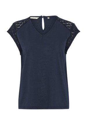 Marineblaues Kurzarmoberteil mit V-Ausschnitt und zarten Spitzenverzierungen an den Schultern. Verfügt über eine kleine Öffnung mit Schlüsselloch im Rücken und eine weiche Textur.