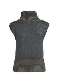 Sötétszürke kötött ujjatlan garbó pulóver bordás gallérral és alsó szegéllyel, fehér háttér előtt bemutatva.