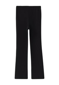 Zwarte flare leggings met een elastische tailleband. Gemaakt van een soepel, rekbaar materiaal. Kenmerkt zich door een eenvoudig, effen kleurontwerp zonder patronen.
