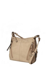 Geantă din piele sintetică bej, cu două buzunare cu fermoar, curea de umăr ajustabilă și detaliu de cusătură accentuat în față.