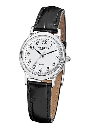 Montre-bracelet analogique ronde en argent avec cadran blanc, chiffres arabes noirs, aiguilles des heures et des minutes noires, et bracelet en cuir noir.